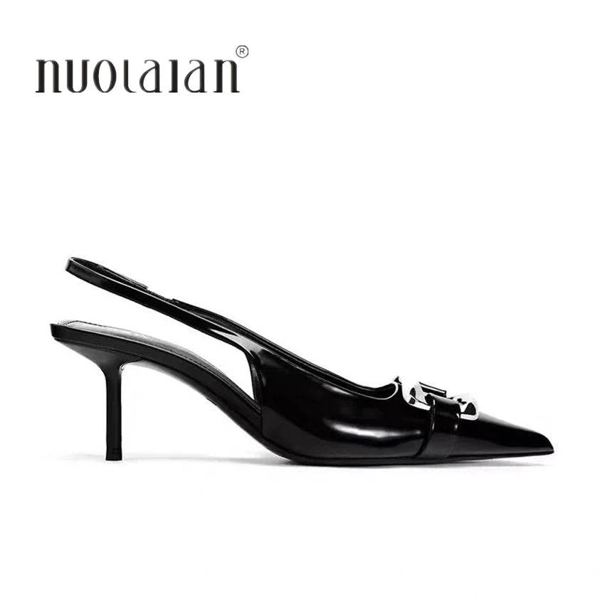 2025 New Shoes Black Leather Shoes Woman Pumps Slingbacks Pointed Toe High Heels Stiletto Sexy Party Shoes Women Heels - Acros