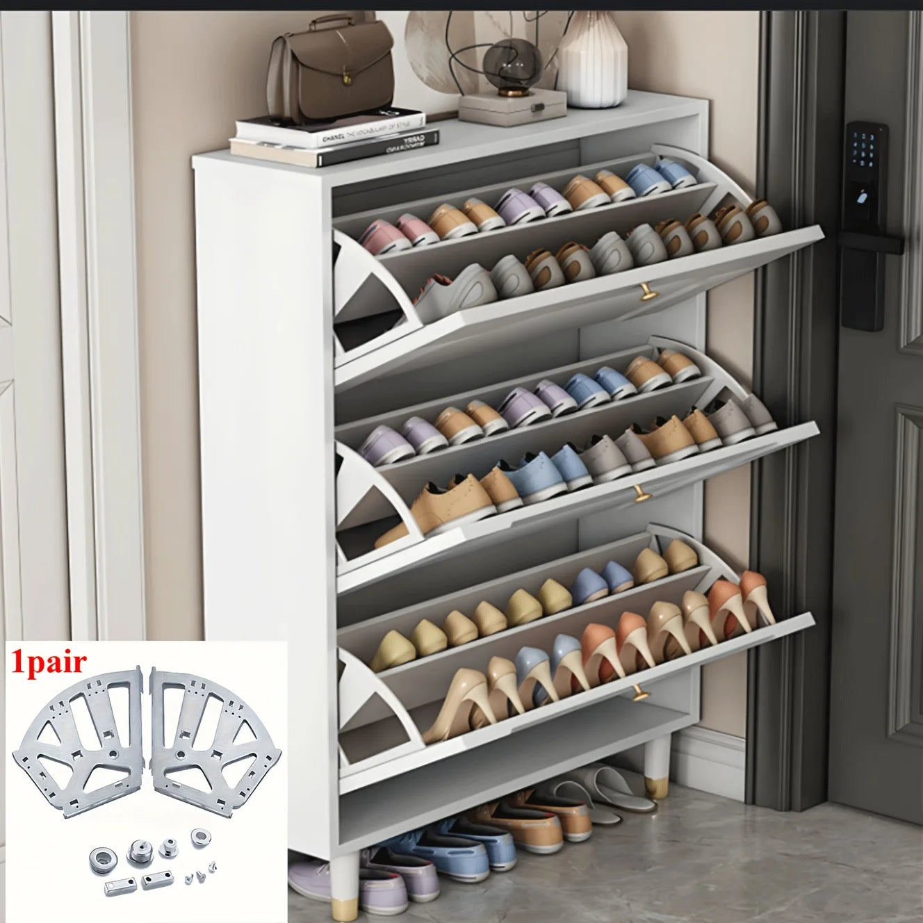 Ansoff 3-tier shoe rack connector with thick iron structure and hidden foldable shelf for organized shoe storage.