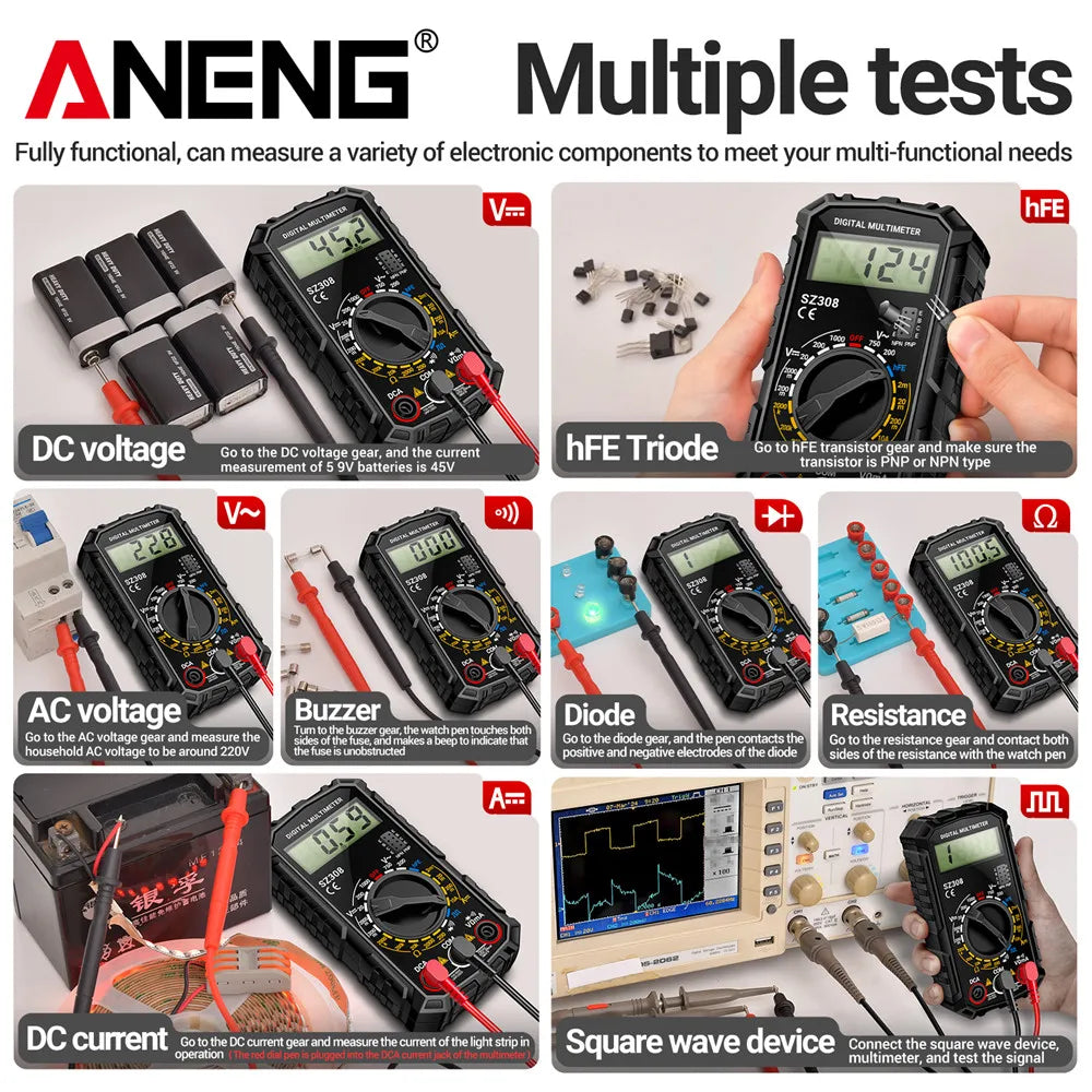ANENG SZ308 Digital Multimeter   AC/DC Current Meter Voltage Resistance Meter Electrician LCD Backlight Ohm Square Wave Test - Acros