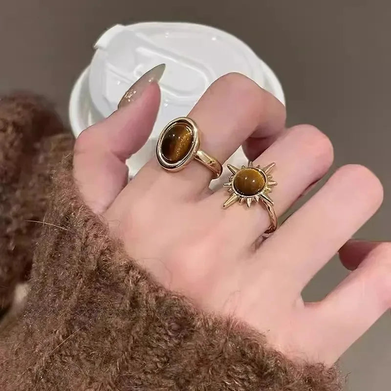 Retro Brown Stone Rings for Women - Irregular Gold Color Adjustable Ring Fashion Jewelry Gifts - Acros