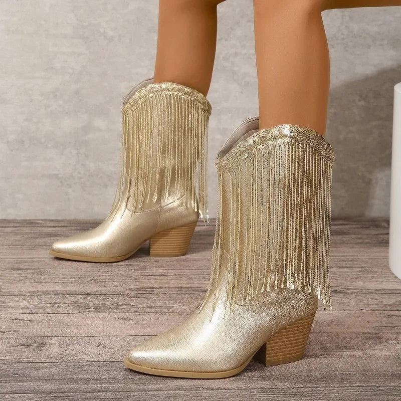 Shoes for Women 2023 Fringed Sequin Design Fashion Women's Boots Comfortable Square Heel Modern Boots New Gold Platform Boots - Acros
