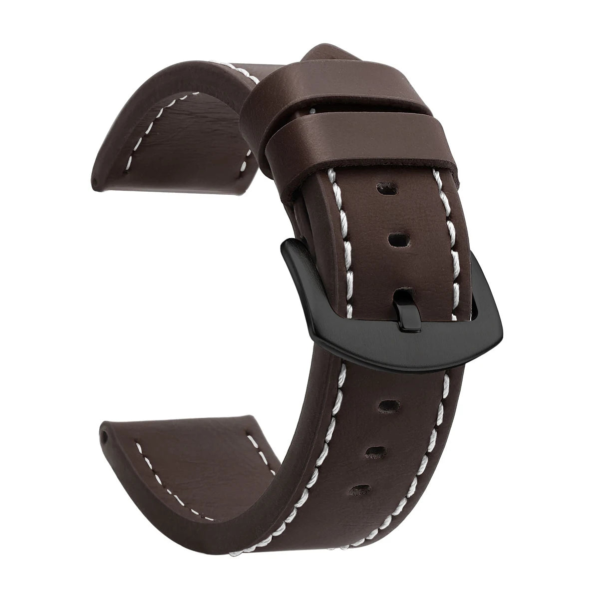 Vintage leather watch band with stainless steel buckle, compatible with 18mm to 24mm watches, by Ansoff.