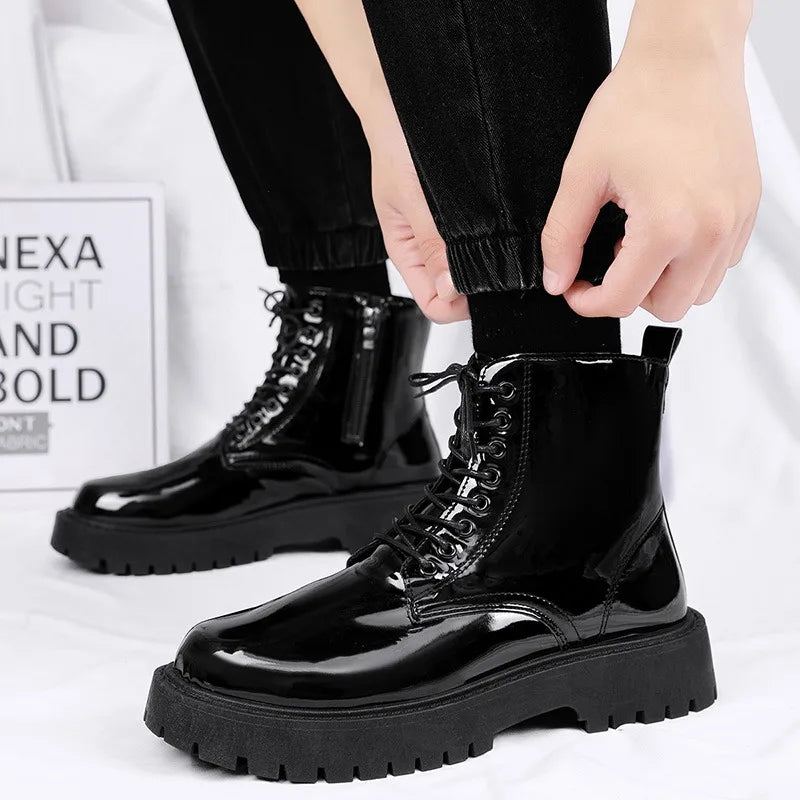 Ansoff men's black leather winter high top platform boots with lace-up design, casual motorcycle style, British-inspired footwear