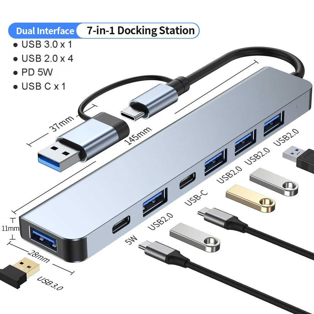 USB C Hub USB Hub 3.0, Aluminum 7 in 1 USB Extender, USB Splitter with USB 3.0, 4 X USB 2.0 and 2 USB C Ports USB Distributor - Acros