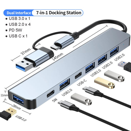 USB C Hub USB Hub 3.0, Aluminum 7 in 1 USB Extender, USB Splitter with USB 3.0, 4 X USB 2.0 and 2 USB C Ports USB Distributor - Acros