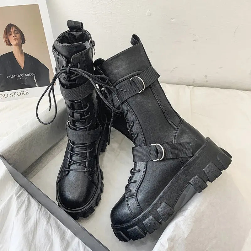 Ansoff women's leather motorcycle boots with high platform soles, non-slip design, stylish high-tops, and knight boot style.