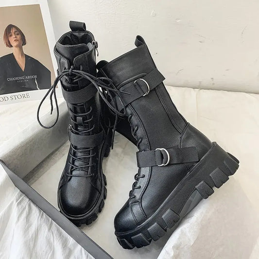 Ansoff women's leather motorcycle boots with high platform soles, non-slip design, stylish high-tops, and knight boot style.