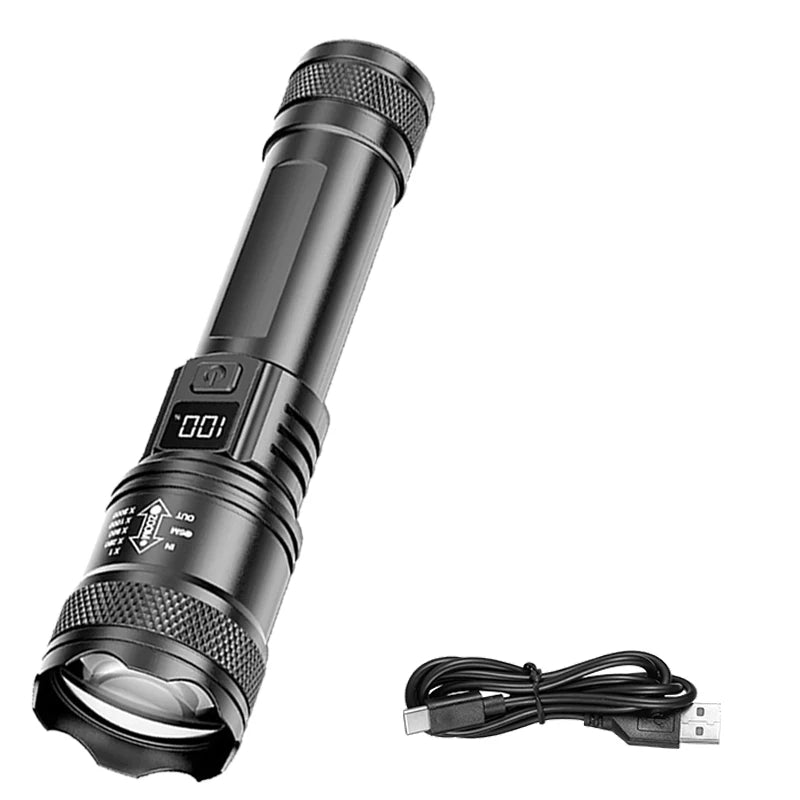 Rechargeable LED Flashlight Zoomable Torch with LCD Display 3 Modes Waterproof High Power Hand Light Outdoor Wilderness Camping - Acros