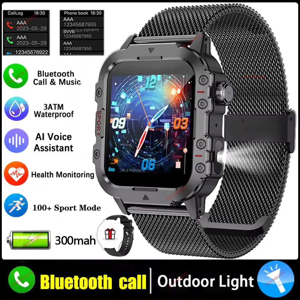 Ansoff 2026 rugged military smartwatch with HD touch screen, LED flashlight, Bluetooth call, and outdoor features for men.