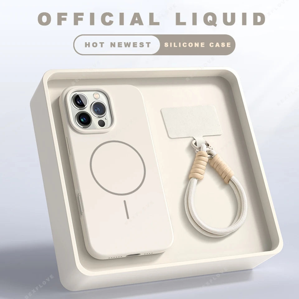 Magnetic Phone Case For iPhone 15 14 16 Plus 11 12 13 16 Pro Max Silicone Official Lanyard Magsafe Strap Protector Soft Cover - Acros