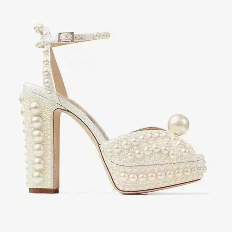 Shoes for Women Beaded Thick Heel Fish Mouth Sandals 35-41 High Heel Waterproof Platform Women's Shoes Wedding - Acros