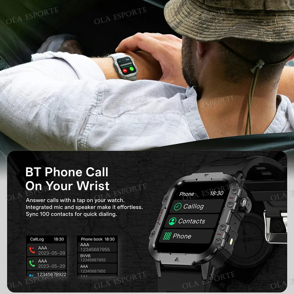 Ansoff rugged military smart watch for men with HD touchscreen, LED flashlight, Bluetooth call, outdoor design, and versatile features.