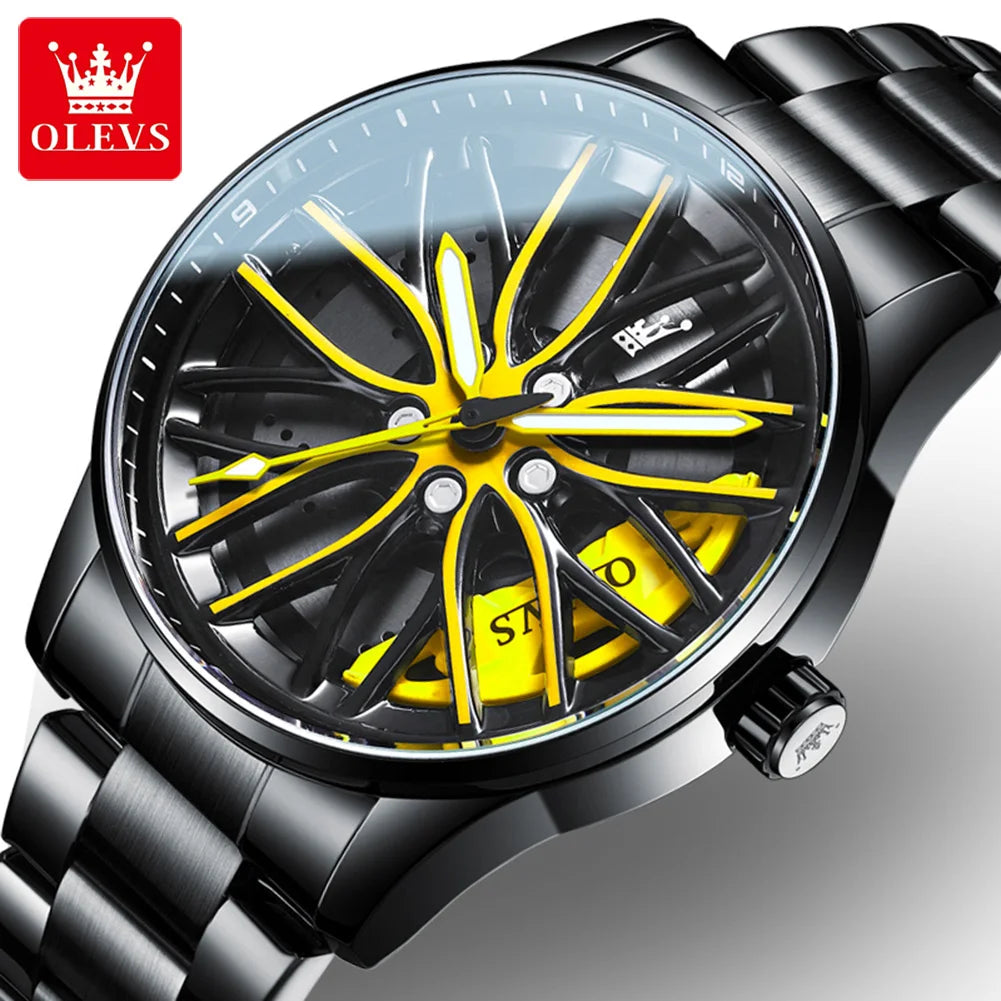 OLEVS Men Watches Rotatable Wheel Hub Dial Fashion Trend Original Quartz Wristwatch Waterproof Stainless Steel Luminous No.9937 - Acros