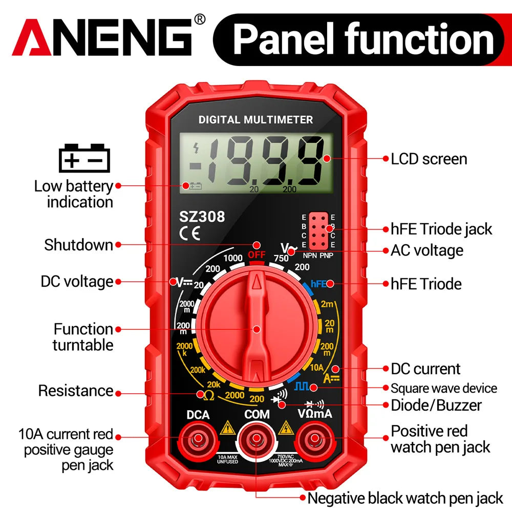 ANENG SZ308 Digital Multimeter   AC/DC Current Meter Voltage Resistance Meter Electrician LCD Backlight Ohm Square Wave Test - Acros