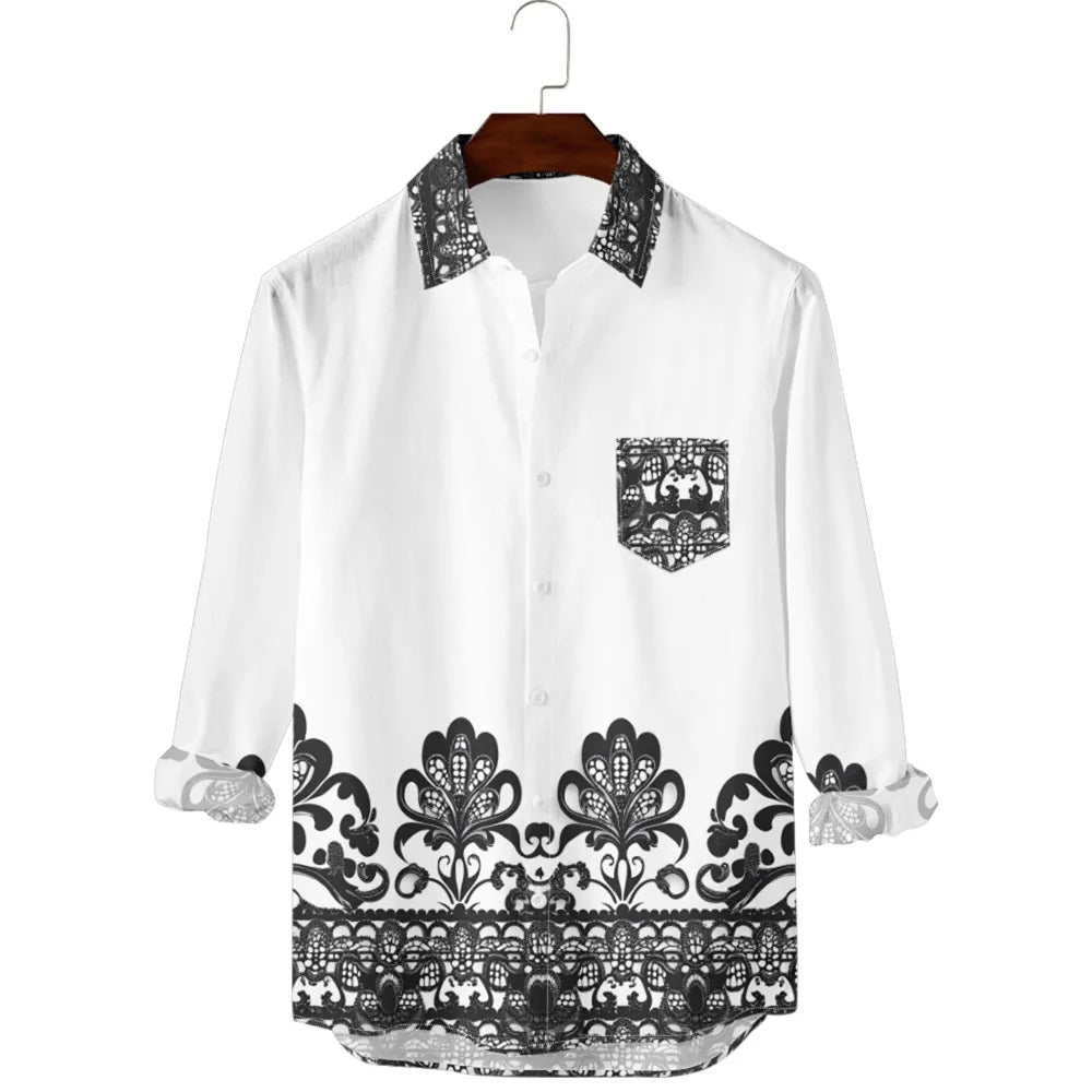 Ansoff Hawaiian button-up shirt with retro floral print, long sleeves, casual streetwear style, ideal for travel and resort wear.