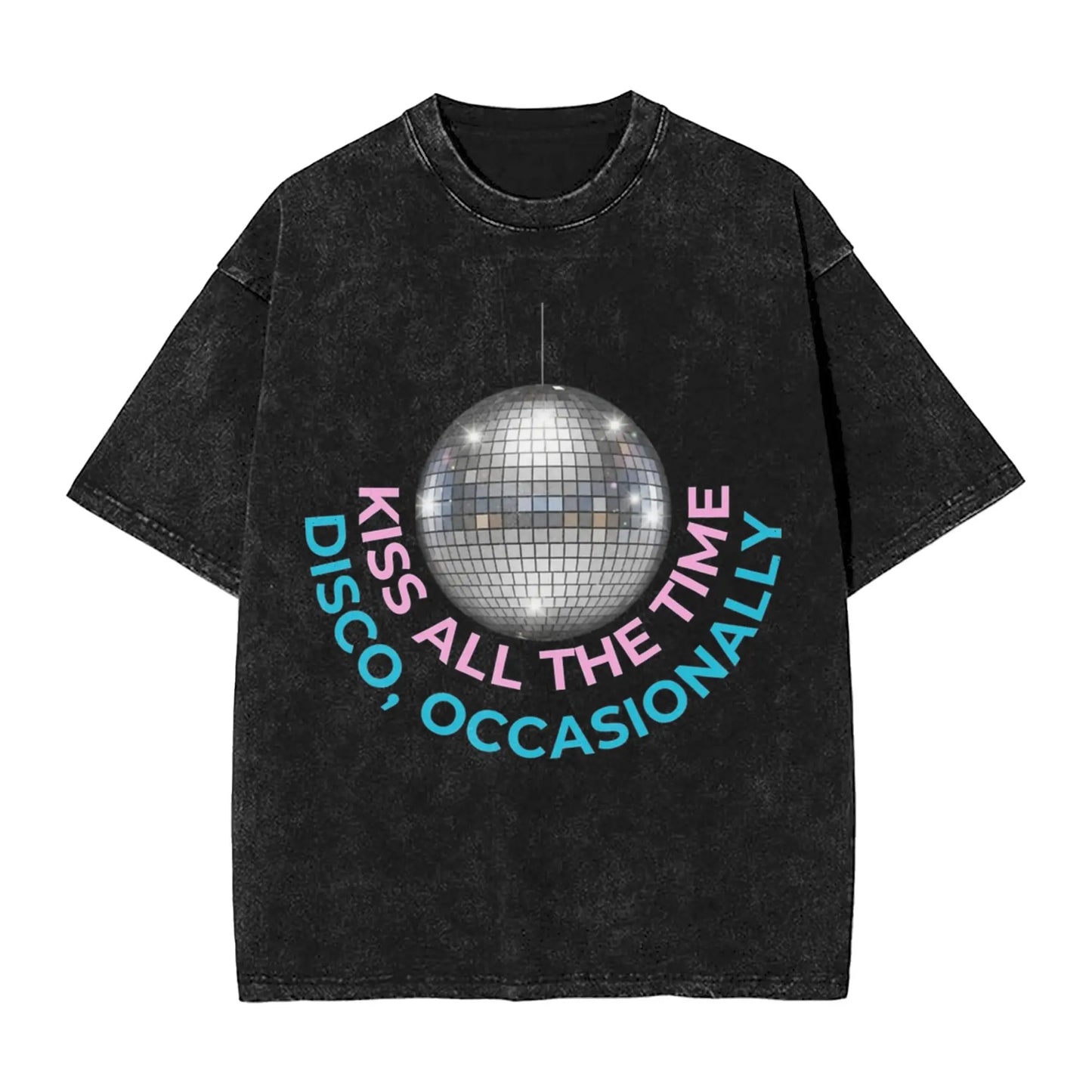 Ansoff Harry Styles Kiss All The Time disco-inspired washed short sleeve T-shirt for men and women, featuring colorful streetwear style.