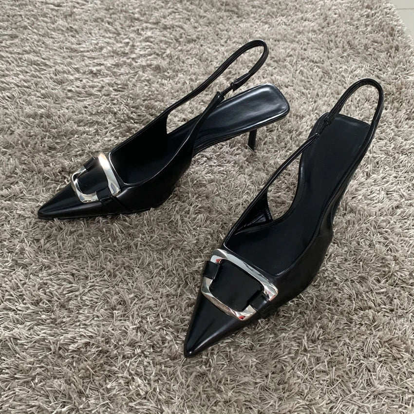 2025 New Shoes Black Leather Shoes Woman Pumps Slingbacks Pointed Toe High Heels Stiletto Sexy Party Shoes Women Heels - Acros