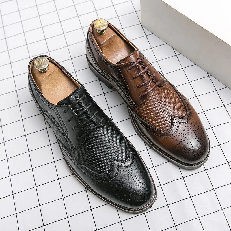Ansoff men's handmade leather Oxford wingtip brogue dress shoes with classic wingtip design and calfskin leather finish.