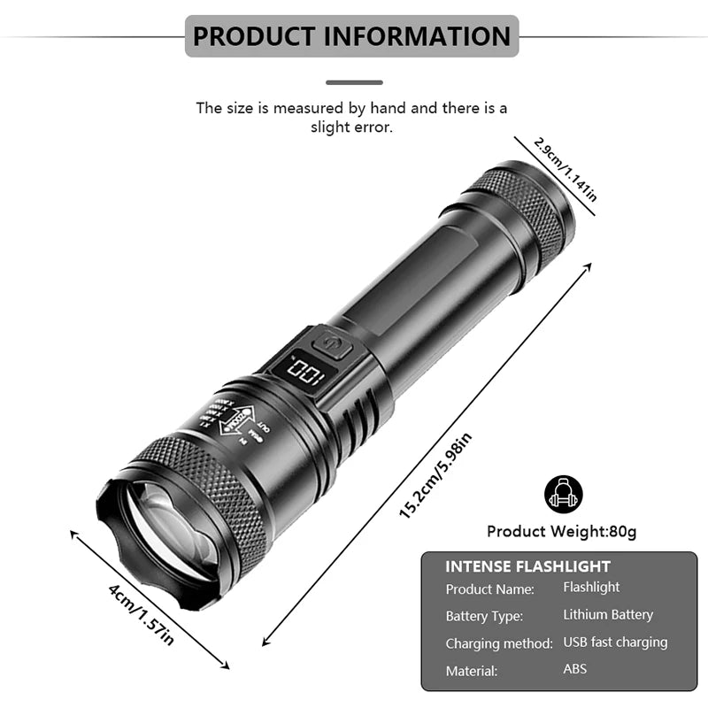 Rechargeable LED Flashlight Zoomable Torch with LCD Display 3 Modes Waterproof High Power Hand Light Outdoor Wilderness Camping - Acros