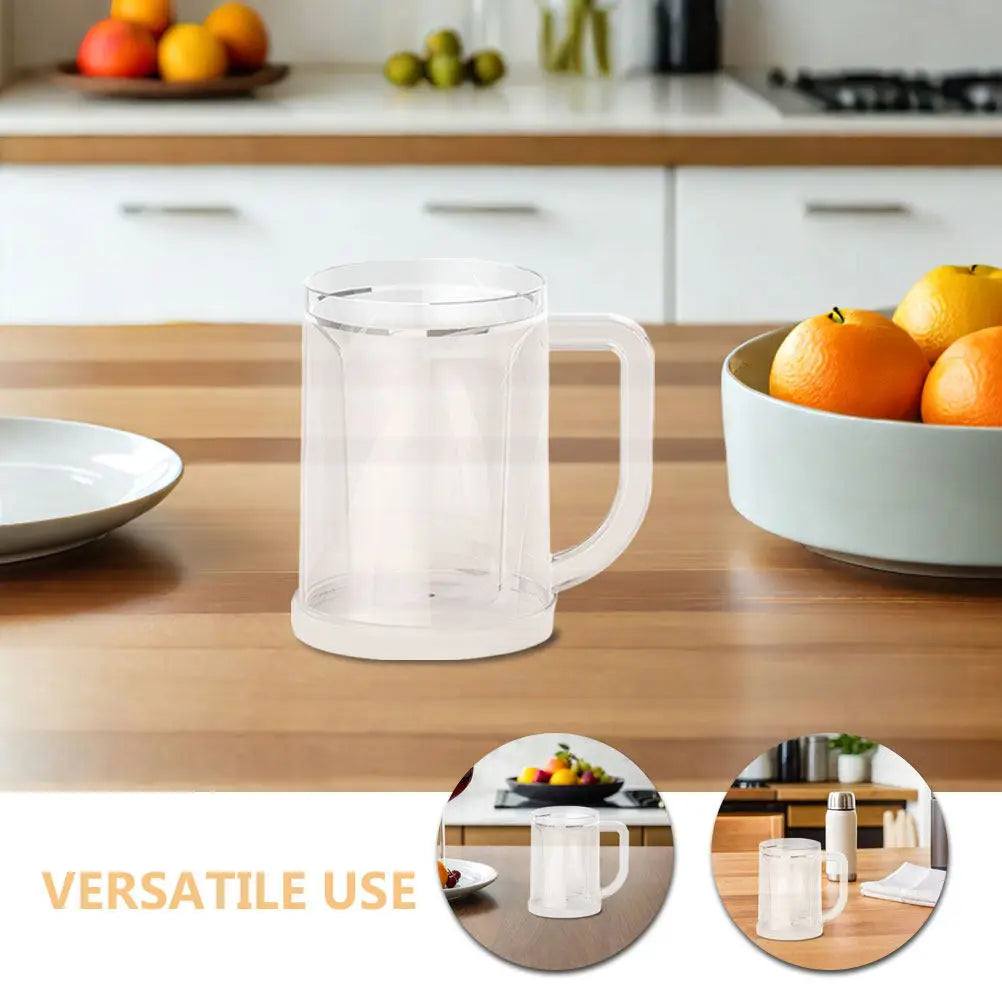 Two clear reusable freezer mugs with handles, double wall insulated plastic ice cups for cold drinks from Ansoff.