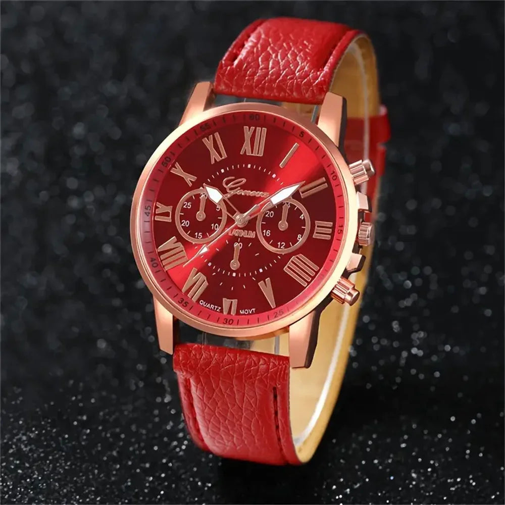 5PCS Women's Watches Fashion Roma Dial Leather Band Quartz Watch (Without Box) - Acros