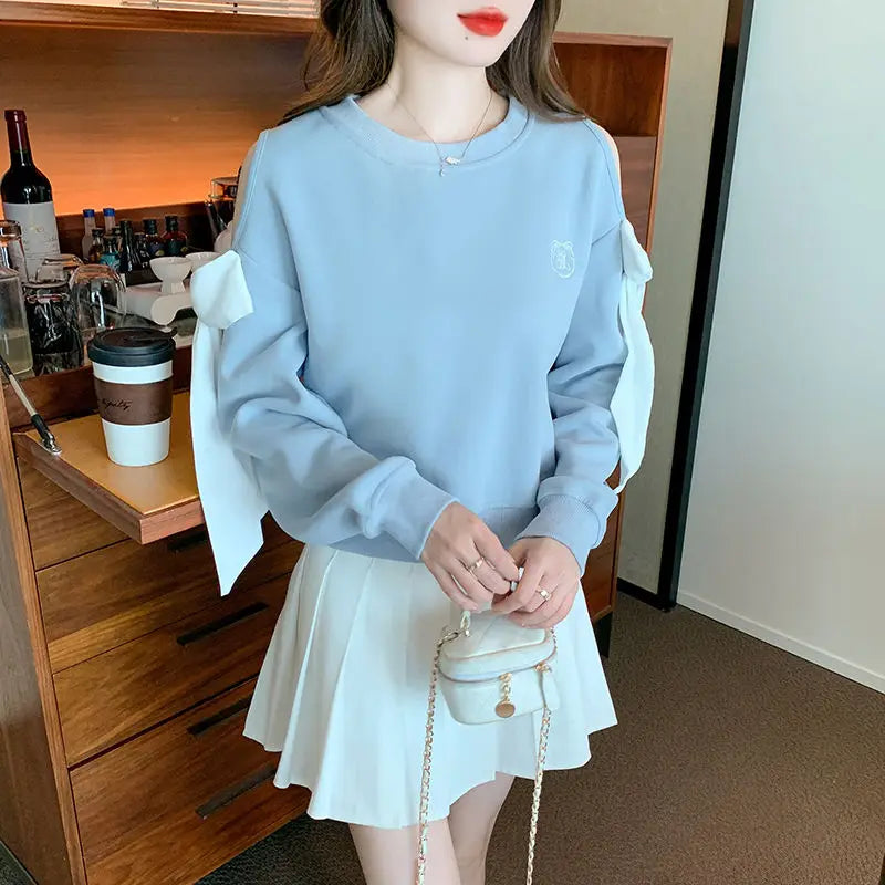 Off The Shoulder Sweatshirt For Women Harajuku Fashion Youthful Clothes Sport Essential New In Basic Blue Woman Pullover Tops - Acros