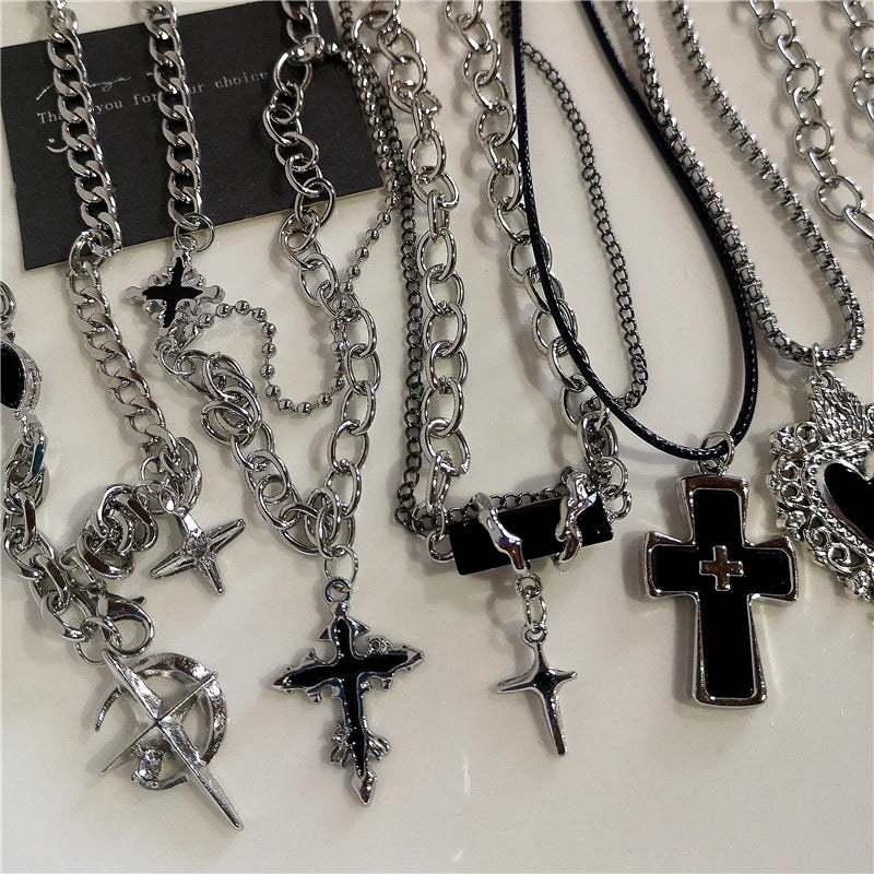Punk Rock Black Heart Cross Pendant Chain Necklace For Men Women Cool Hip Hop Street Vintage 90s Y2K Grunge Goth Accessories - Acros