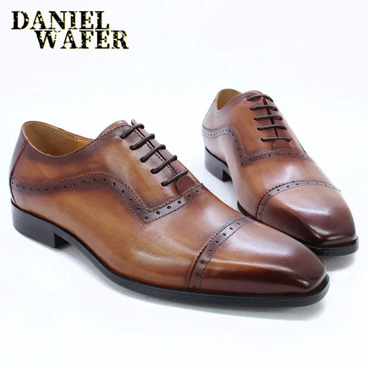 Ansoff men's black and brown genuine leather Oxford brogue dress shoes with cap toe, lace-up, suitable for formal occasions and weddings.