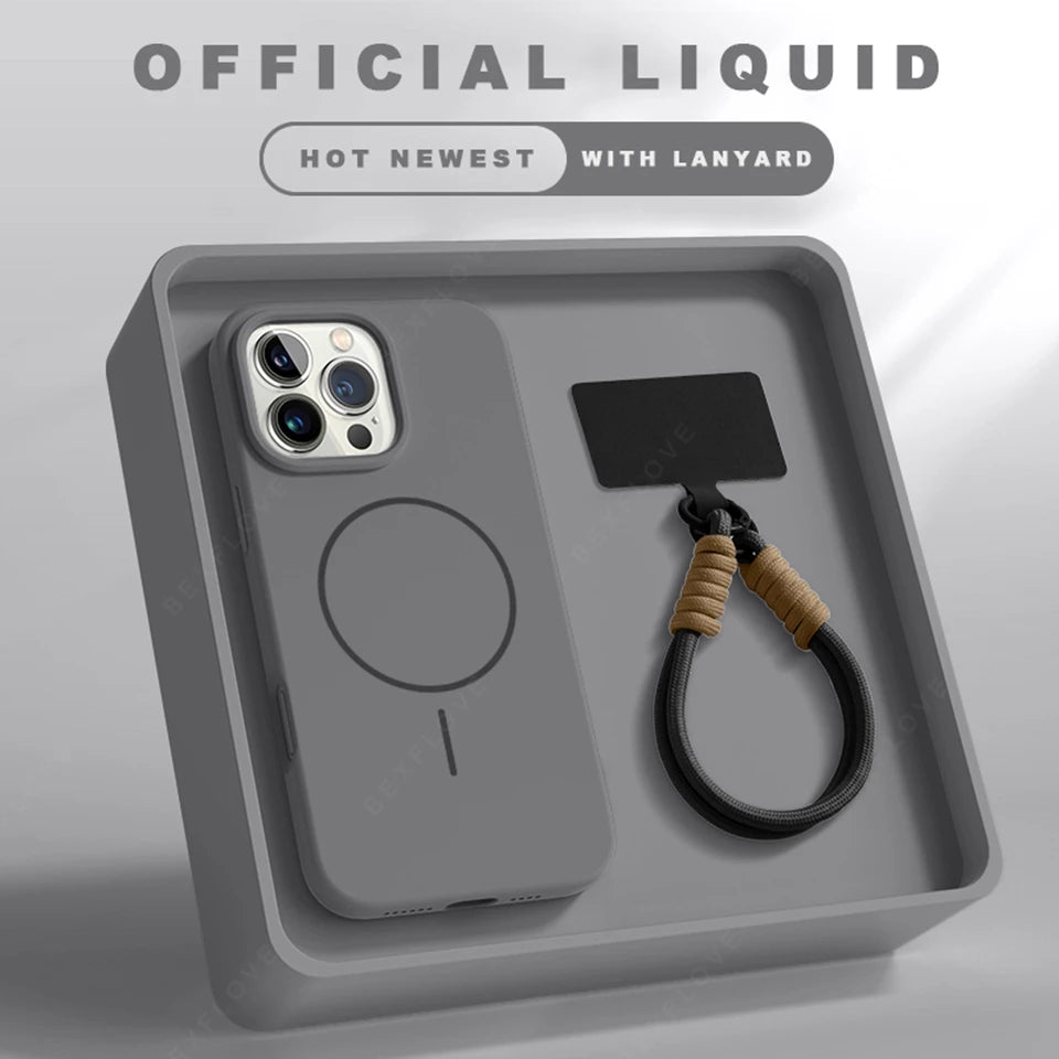 Magnetic Phone Case For iPhone 15 14 16 Plus 11 12 13 16 Pro Max Silicone Official Lanyard Magsafe Strap Protector Soft Cover - Acros