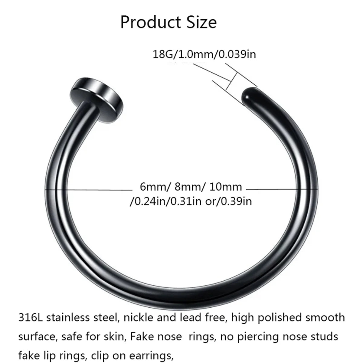 Set of 2/10 stainless steel fake nose rings for women and men, clip-on labret lip and nose piercing jewelry by Ansoff.