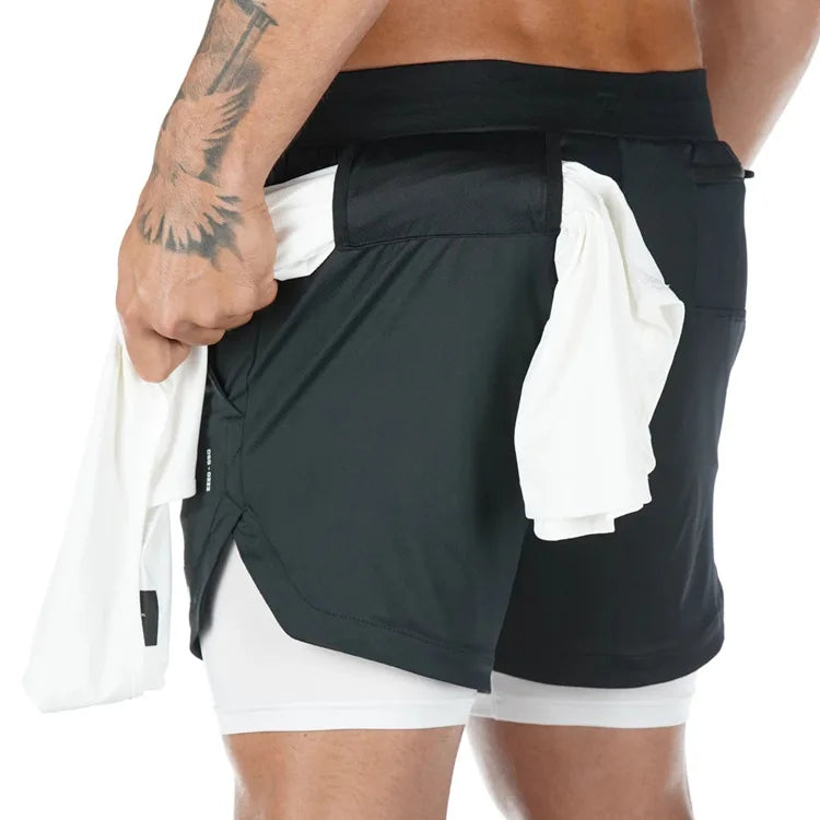Men's camo running shorts by Ansoff, 2-in-1 gym sports shorts with quick-dry fabric for workout and jogging.