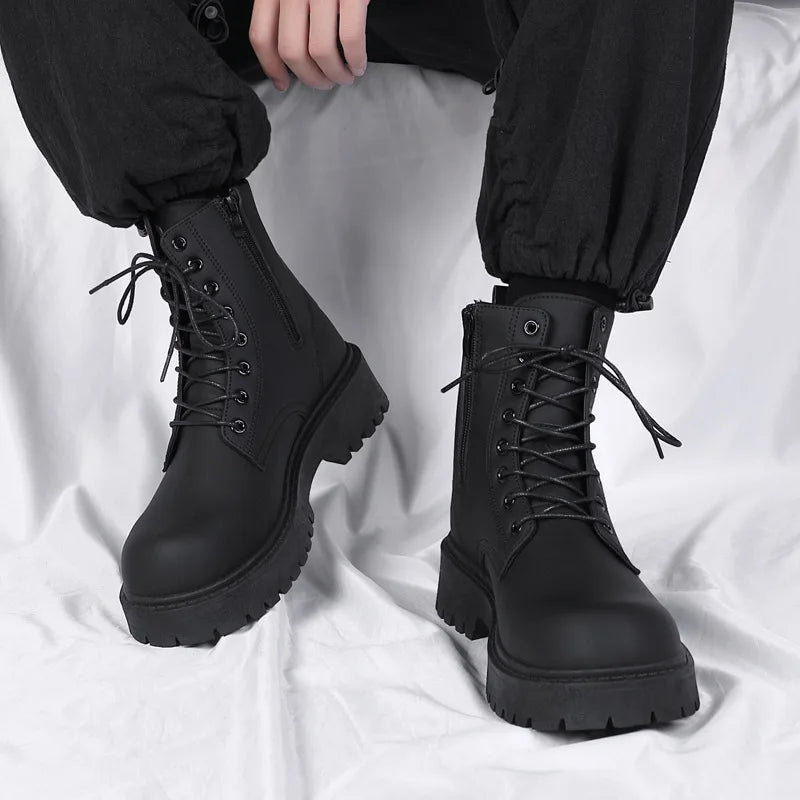 Black leather men's high top platform motorcycle boots with lace-up design, waterproof casual style by Ansoff.