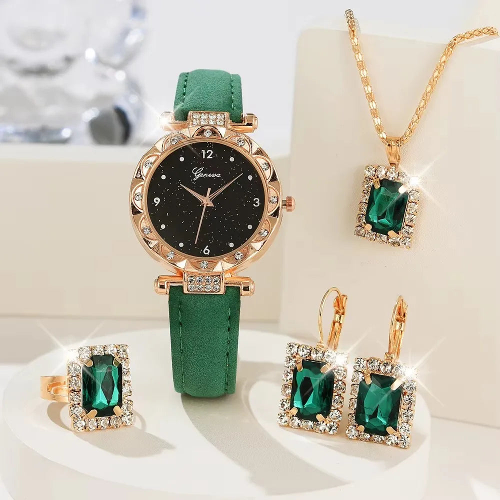 Set of five women's luxury rhinestone wristwatches by Ansoff featuring elegant quartz designs and stylish bracelets.