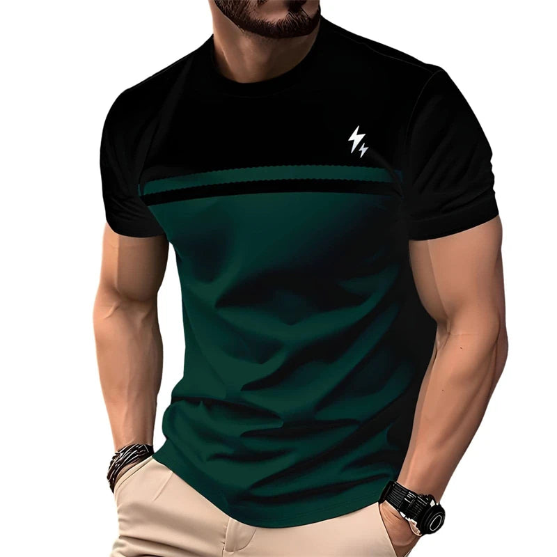 Ansoff men's striped casual T-shirt with 3D print, crewneck, suitable for summer daily wear and streetwear style.