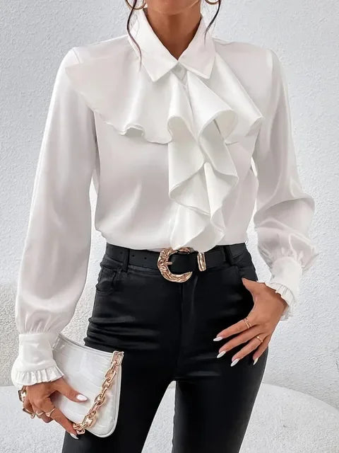 Elegant white ruffled blouse for women, long sleeve shirt with lapel, suitable for office and casual spring autumn fashion.