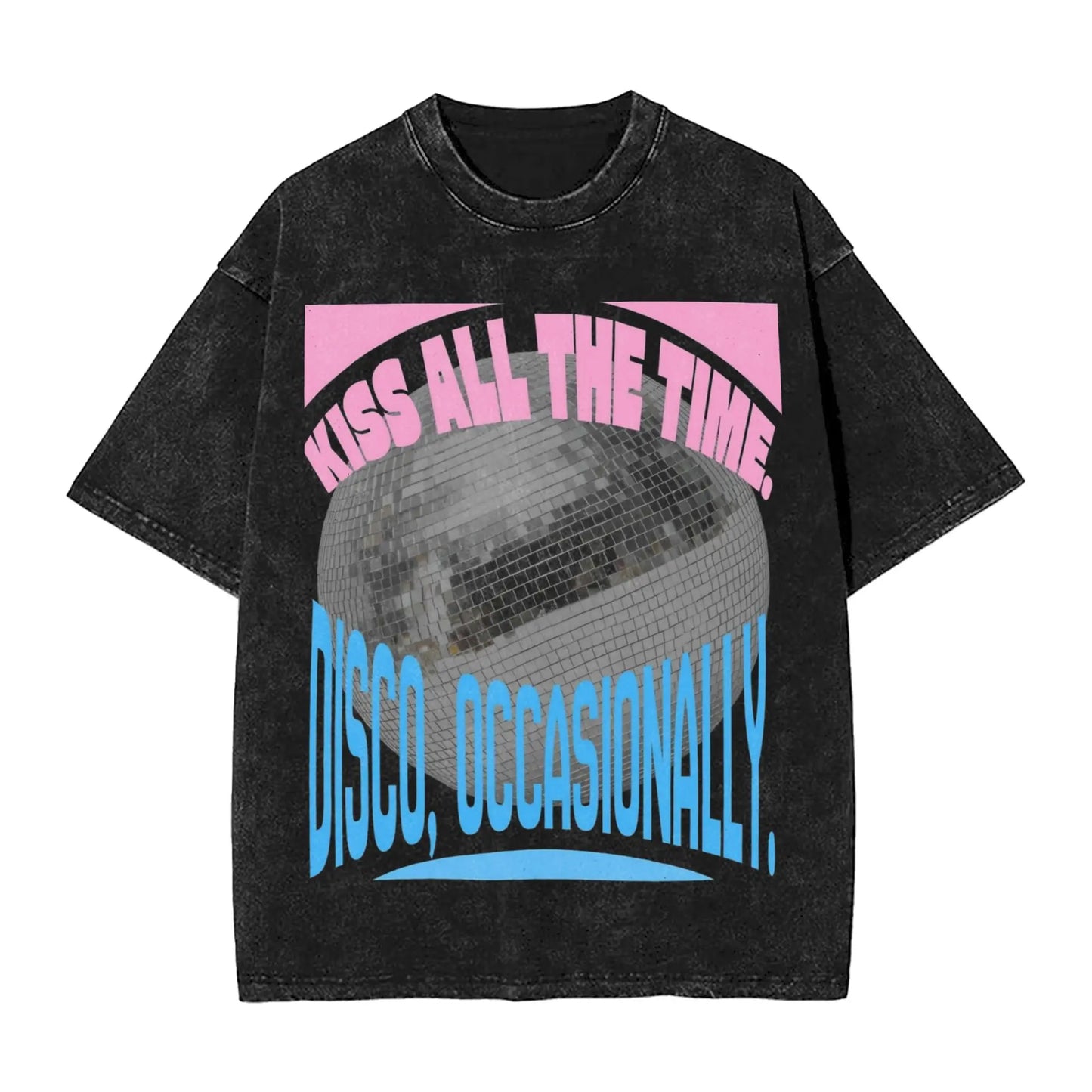 Ansoff Harry Styles Kiss All The Time washed streetwear T-shirt with short sleeves, featuring a disco-inspired design for men and women.