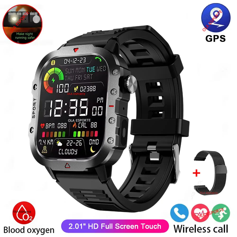 Ansoff 2026 rugged military smartwatch for men with HD touch screen, LED flashlight, Bluetooth calls, outdoor design, and fitness features.