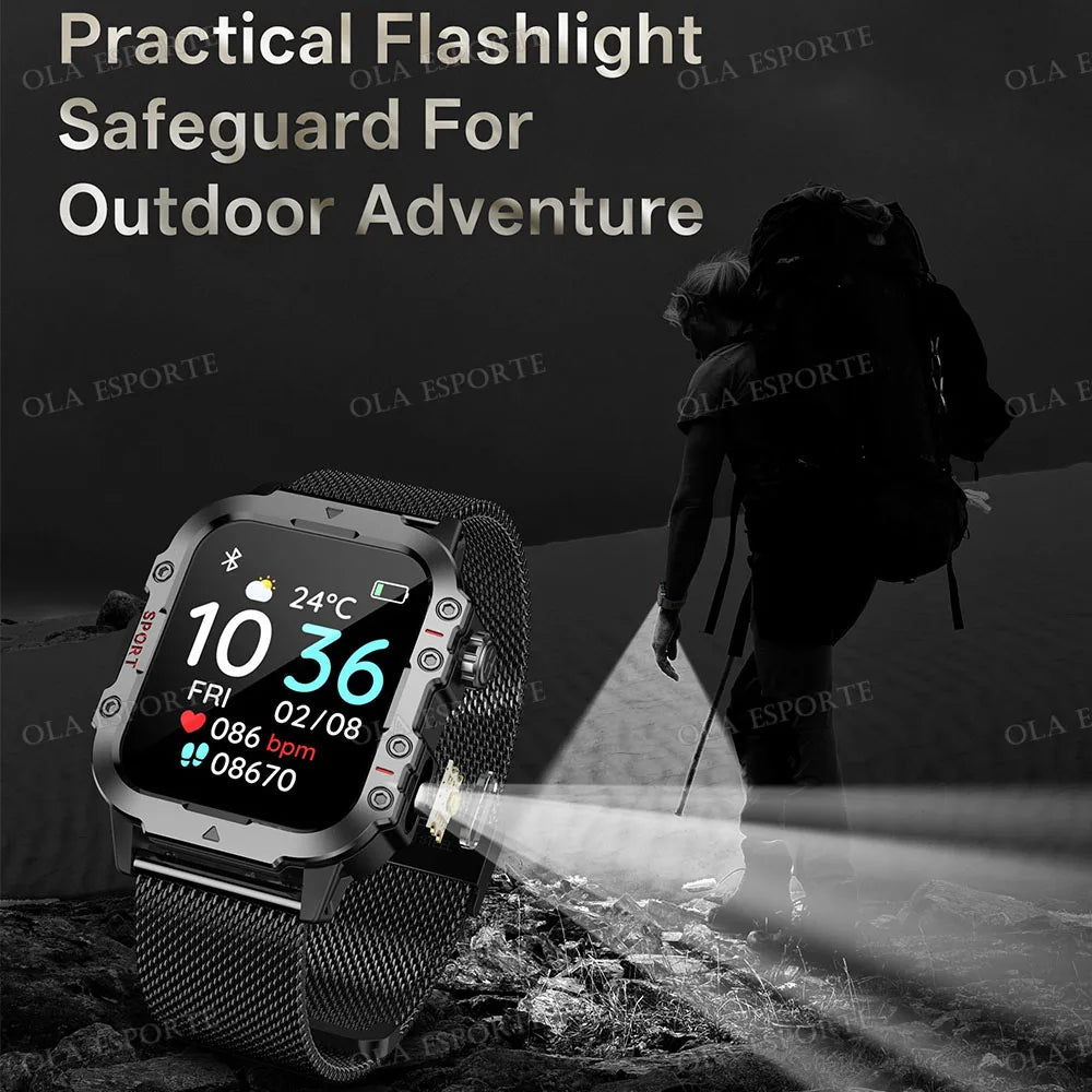 Ansoff rugged military smart watch with LED flashlight, 2.01-inch HD touchscreen, Bluetooth call, outdoor design, and digital display.