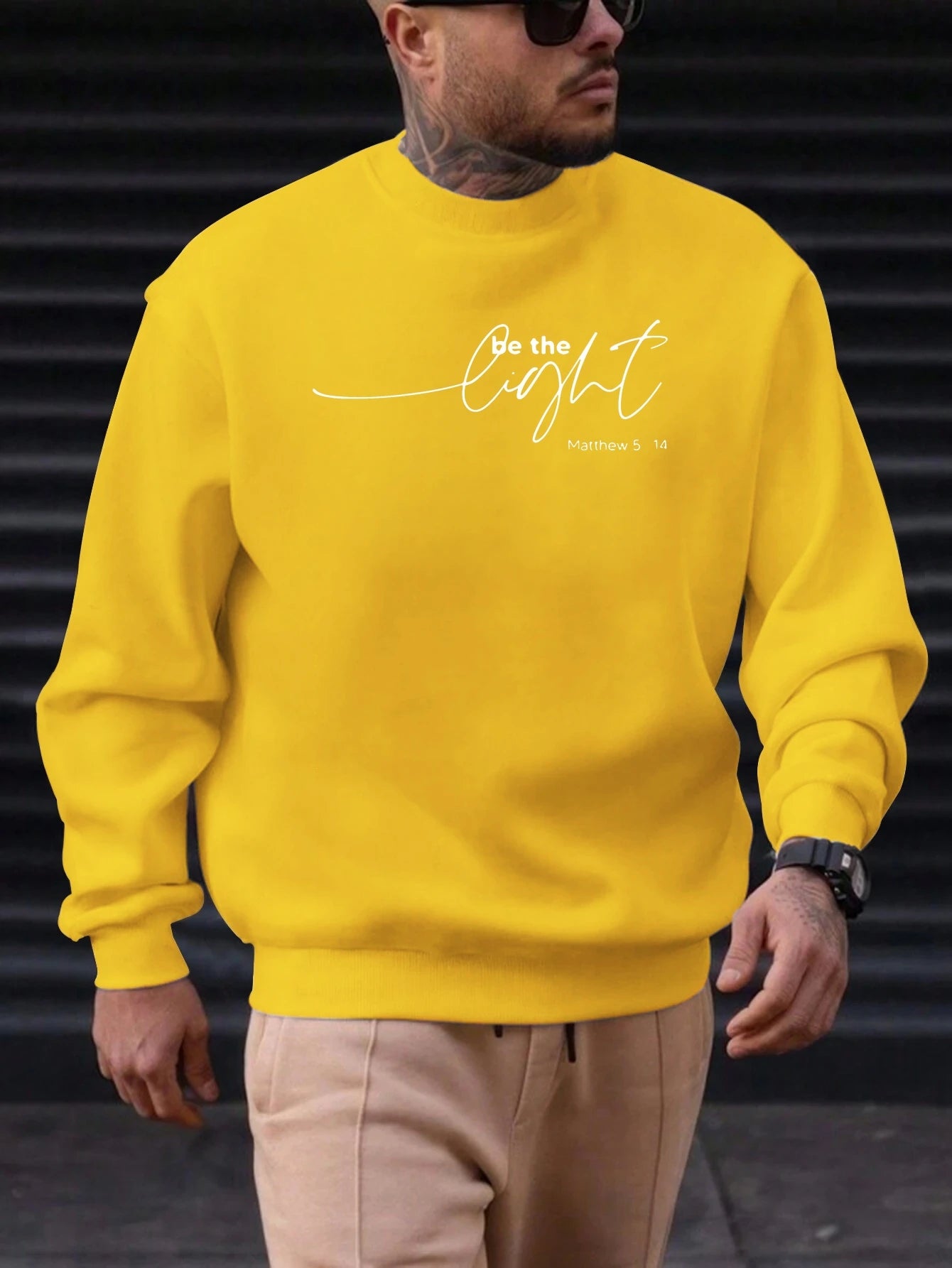 Men's Sweatshirt 2025 New Arrival Minimalist Cozy Relaxed Fit Elegant Calligraphy “Be the Light” Matthew 5:14 Quote Top - Acros