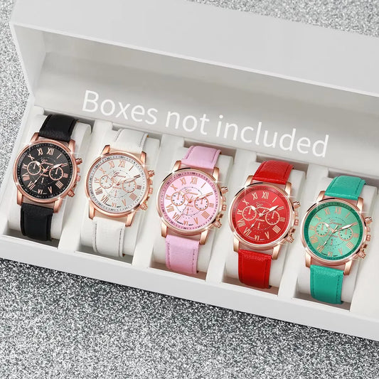 5PCS Women's Watches Fashion Roma Dial Leather Band Quartz Watch (Without Box) - Acros