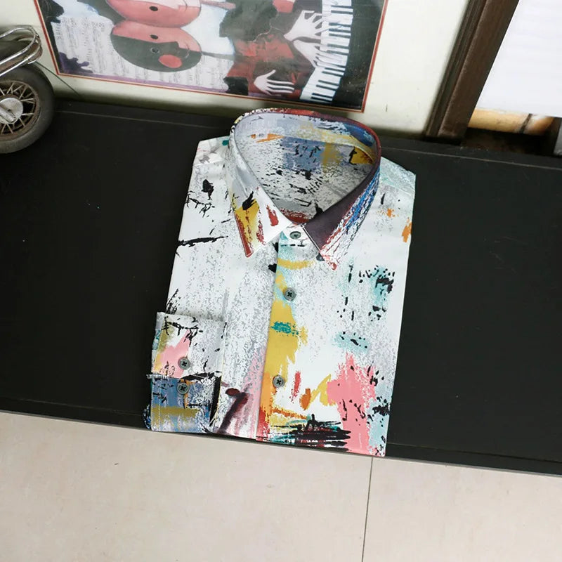 Ansoff 2025 men's silk graffiti print long sleeve casual shirt with slim fit, streetwear style, ideal for nightlife and stage performances.
