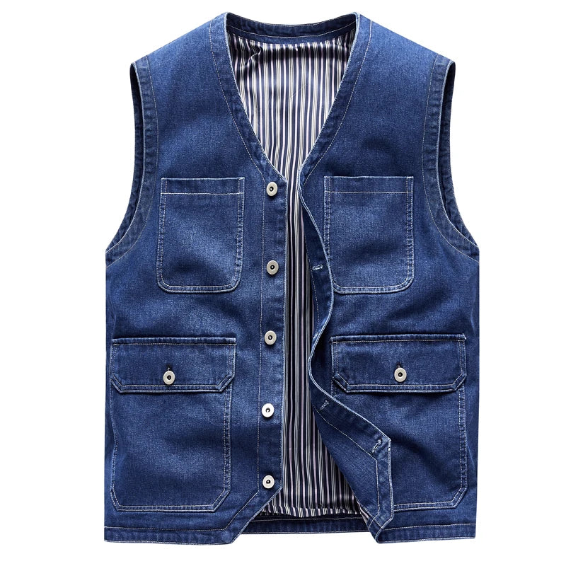 Men Jean Vest Outerwear Denim Waistcoat Multi-pocket Cargo Denim Jacket Blue Sleeveless Coat Retro Fashion Motorcycle Vest