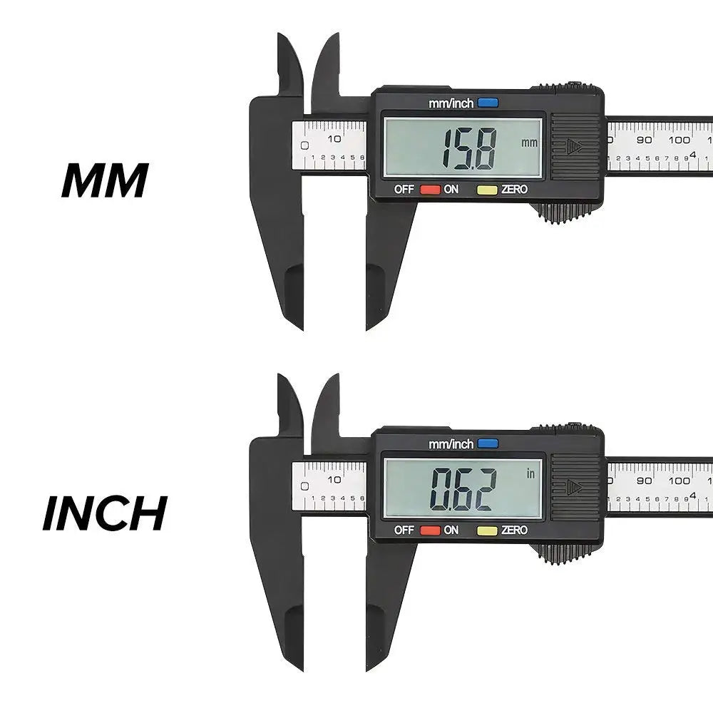 Ansoff digital caliper with carbon fiber body measuring 150mm and 100mm, featuring a dial, vernier scale, and digital display.