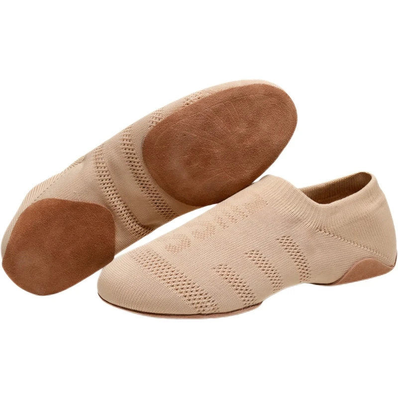 Ansoff women's dance shoes with knitted upper, soft sole, low heel, suitable for ballet, jazz, ballroom, and Latin dance training.