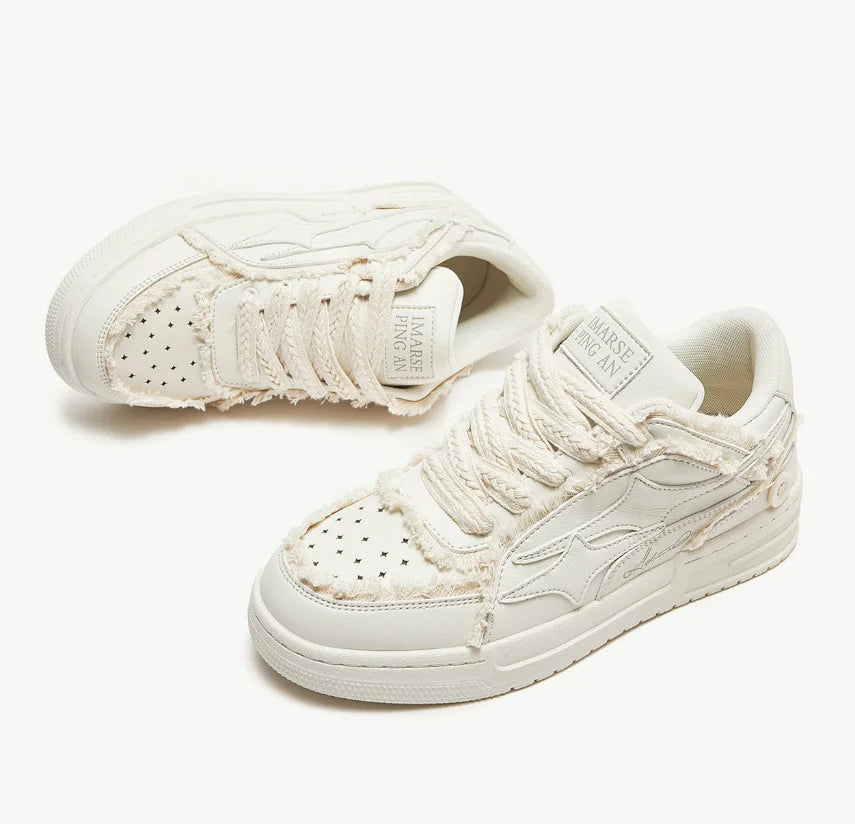 White leather women and men's tennis sneakers by Ansoff featuring retro star design, casual outdoor sport shoes for couples