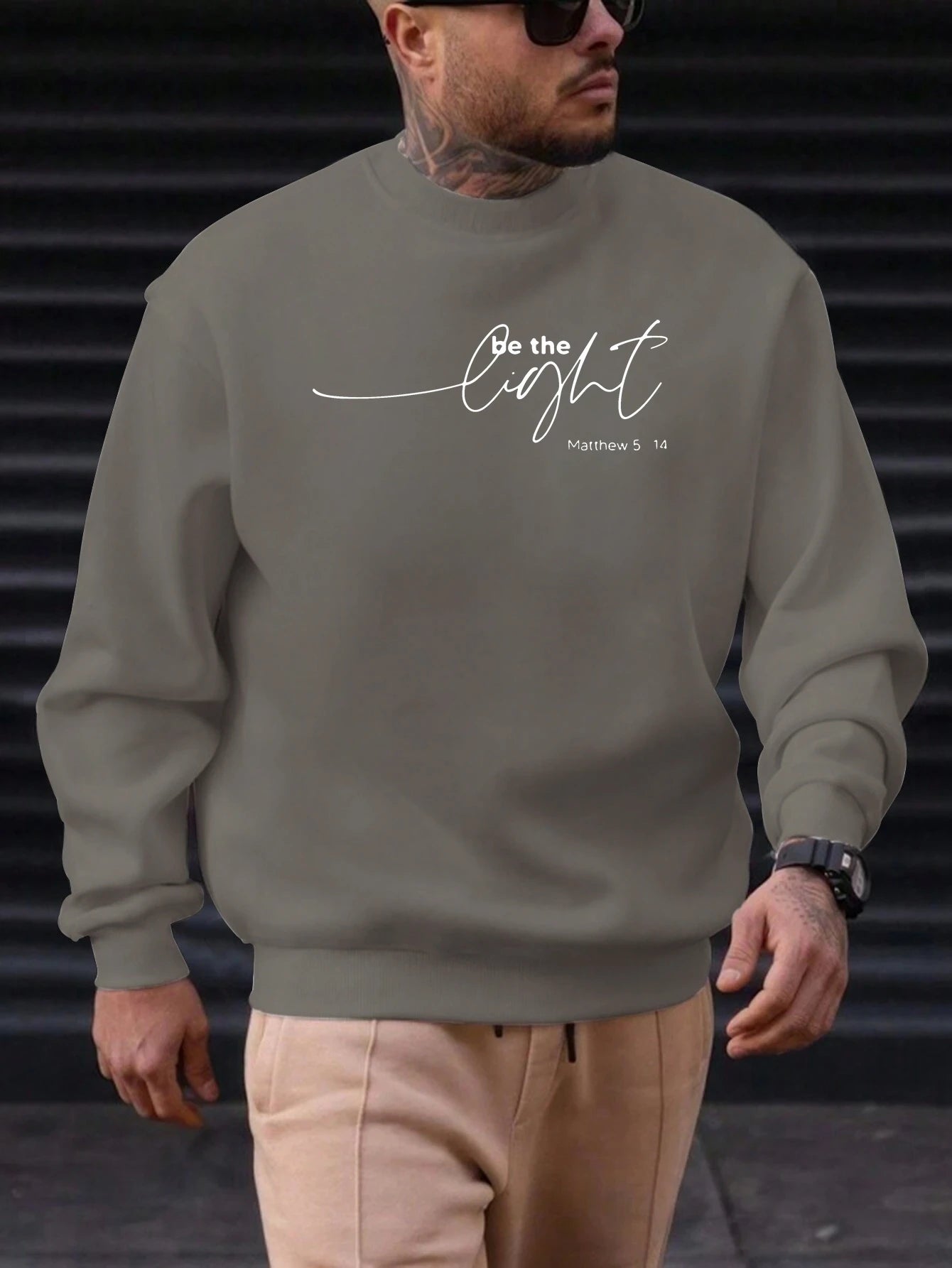 Men's Sweatshirt 2025 New Arrival Minimalist Cozy Relaxed Fit Elegant Calligraphy “Be the Light” Matthew 5:14 Quote Top - Acros