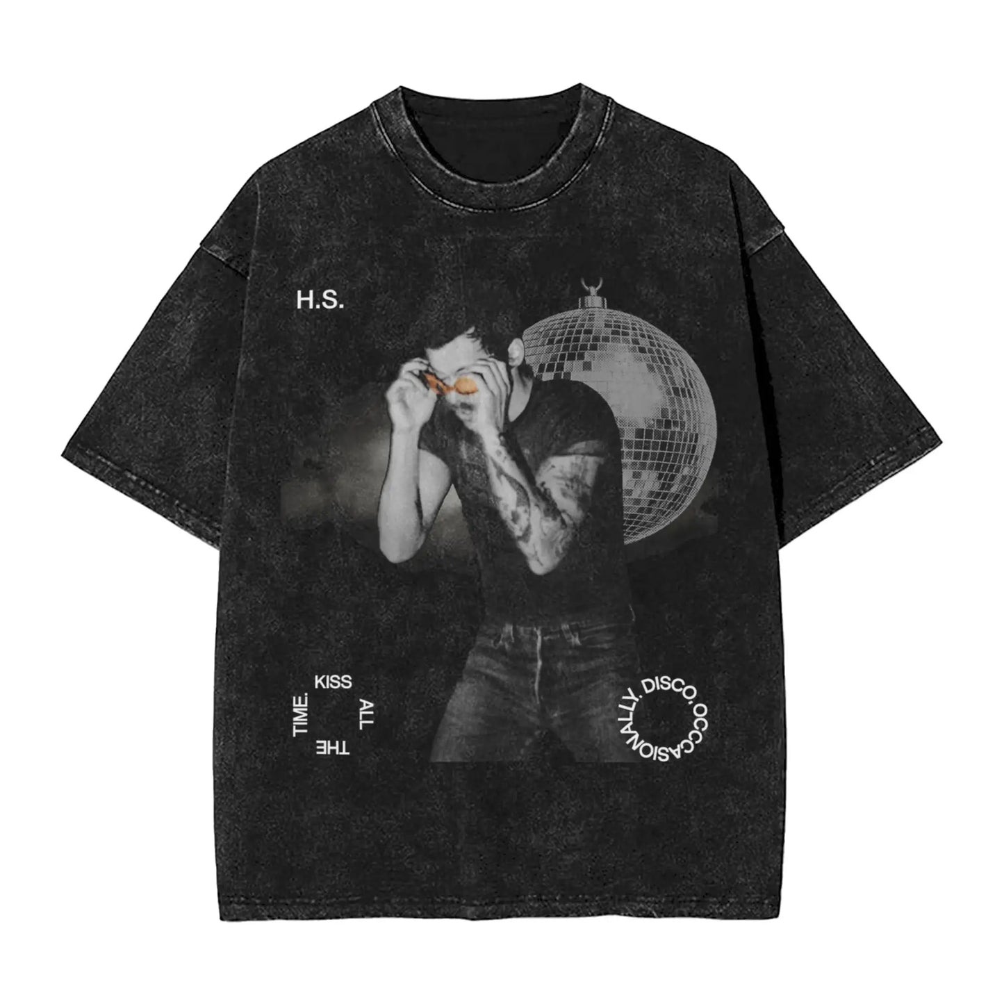 Ansoff washed Harry Styles Kiss All The Time disco T-shirt with short sleeves, streetwear style for men and women.