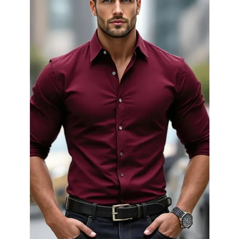 Men's long sleeve solid color casual shirt by Ansoff, featuring elastic fabric and suitable for four seasons.