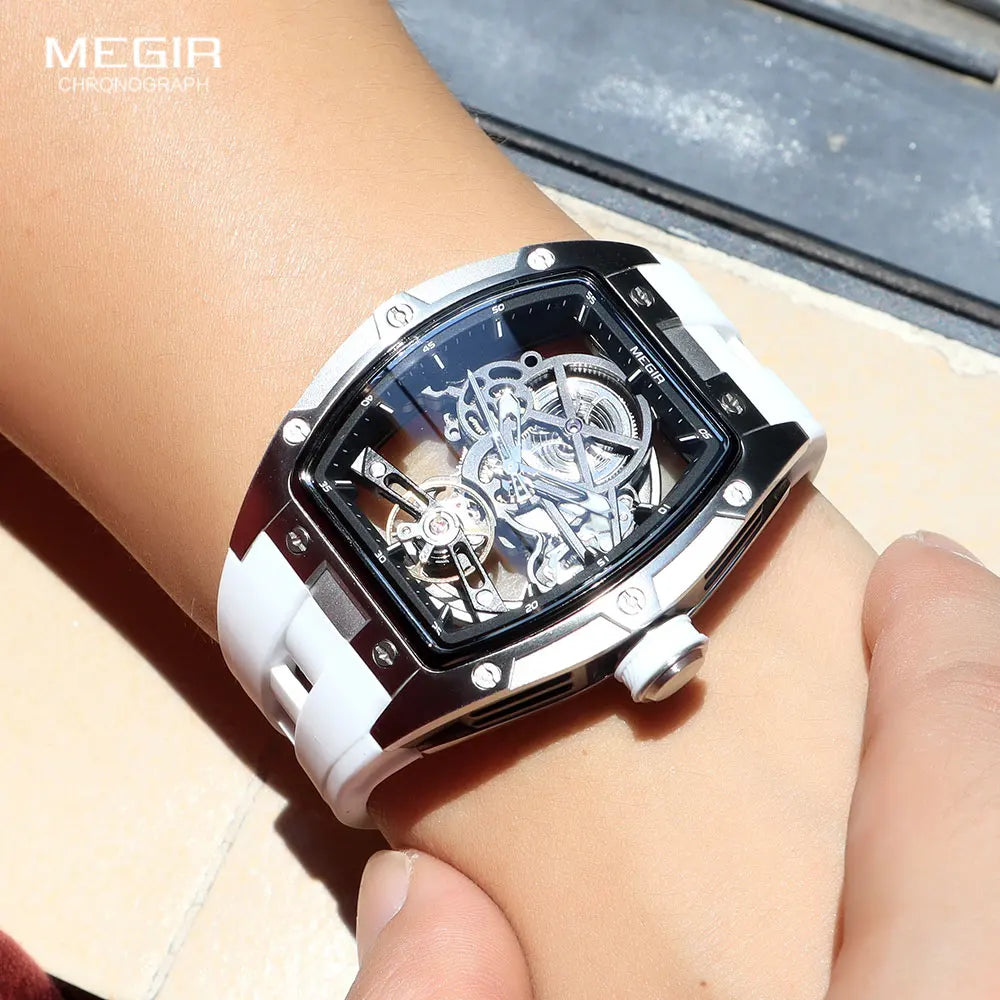 MEGIR Men's Automatic Mechanical Watch with Stainless Steel Case Silicone Band Skeleton Dial Waterproof Sport Wristwatch - Acros