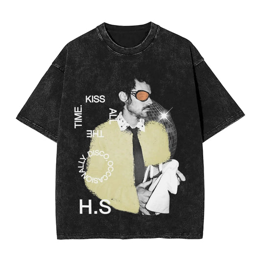 Ansoff washed Harry Styles "Kiss All The Time" disco-themed short sleeve streetwear T-shirt for men and women, summer casual tee.